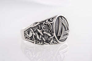 Valknut Ring with Mammen Ornament Sterling Silver Viking Jewelry - vikingworkshop