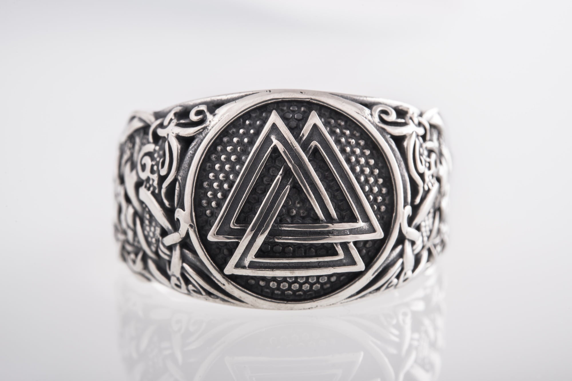 Valknut Ring with Mammen Ornament Sterling Silver Viking Jewelry - vikingworkshop