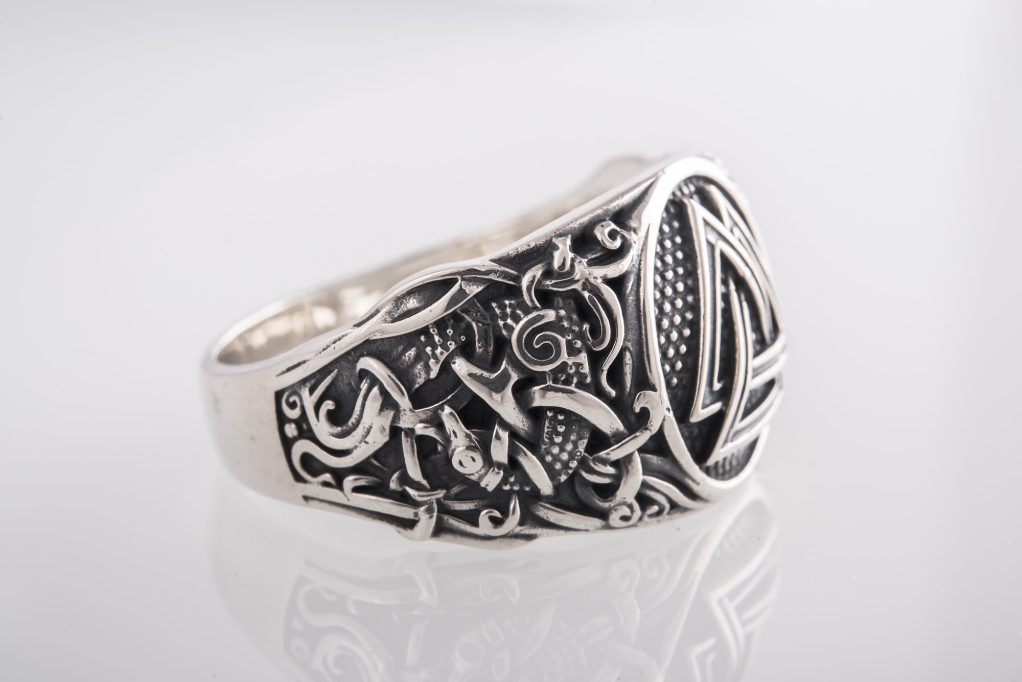 Valknut Ring with Mammen Ornament Sterling Silver Viking Jewelry - vikingworkshop