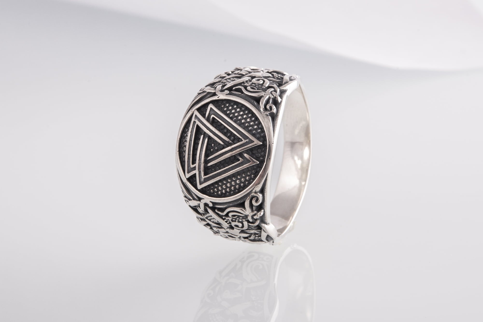 Valknut Ring with Mammen Ornament Sterling Silver Viking Jewelry - vikingworkshop