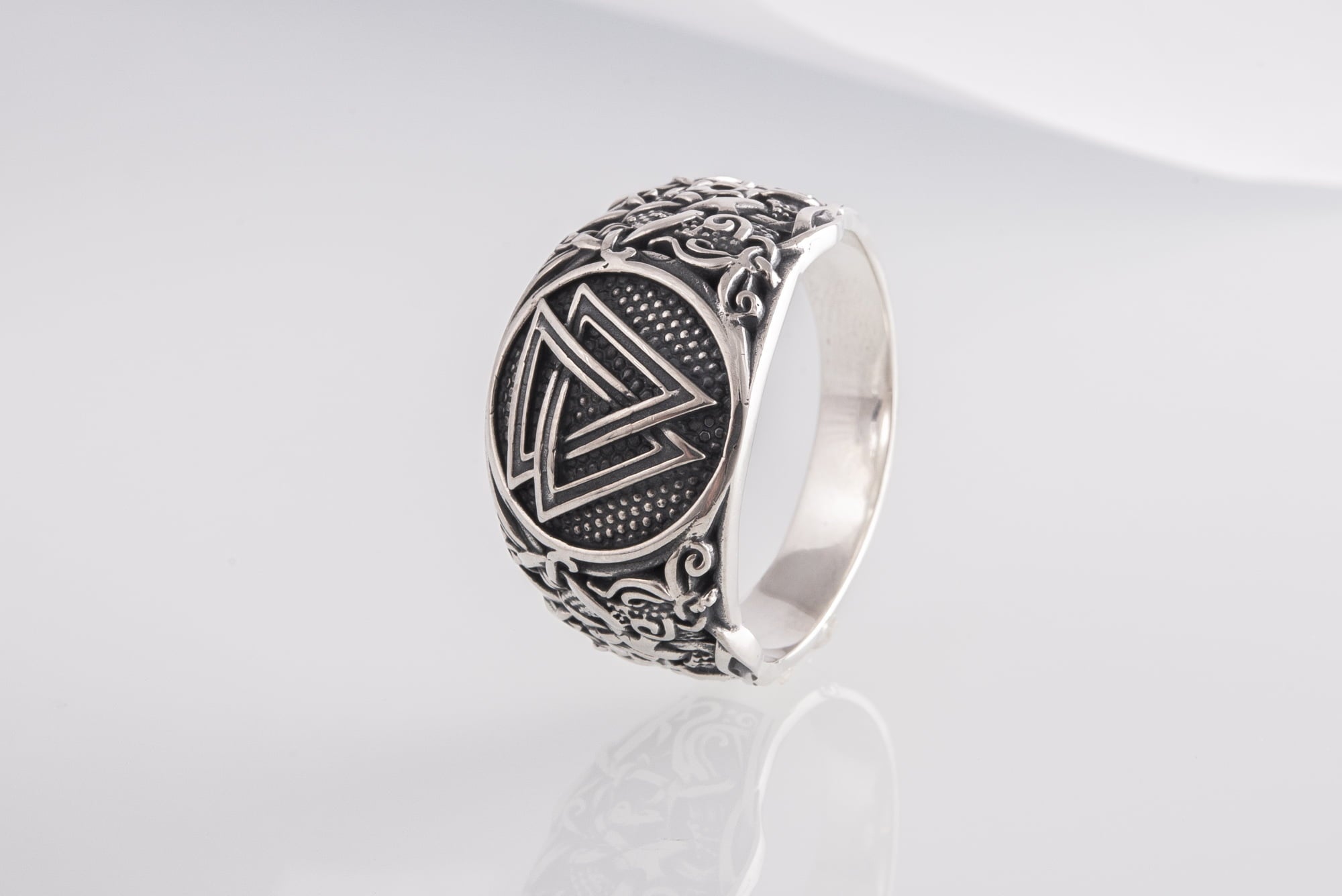 Valknut Ring with Mammen Ornament Sterling Silver Viking Jewelry - vikingworkshop