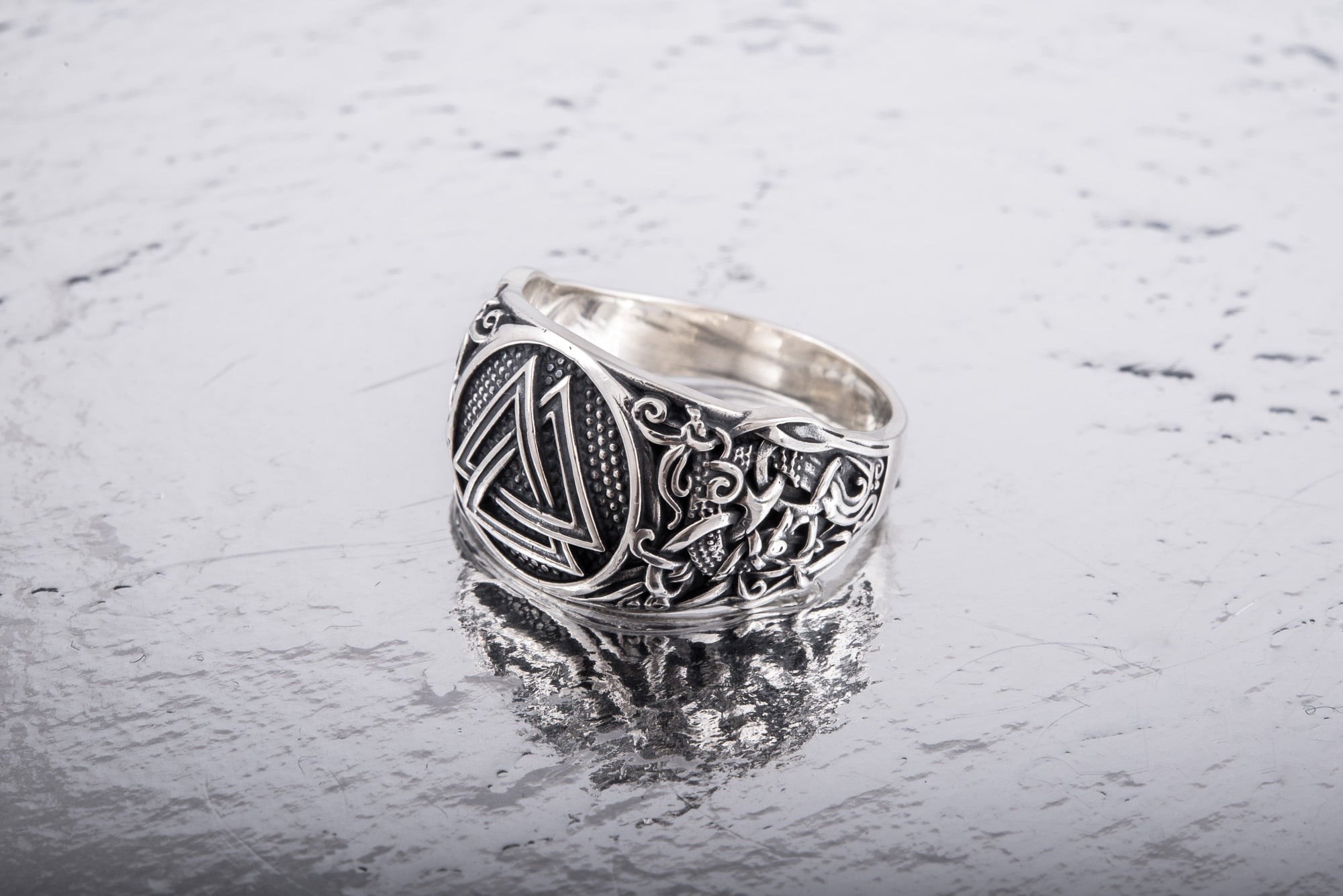 Valknut Ring with Mammen Ornament Sterling Silver Viking Jewelry - vikingworkshop