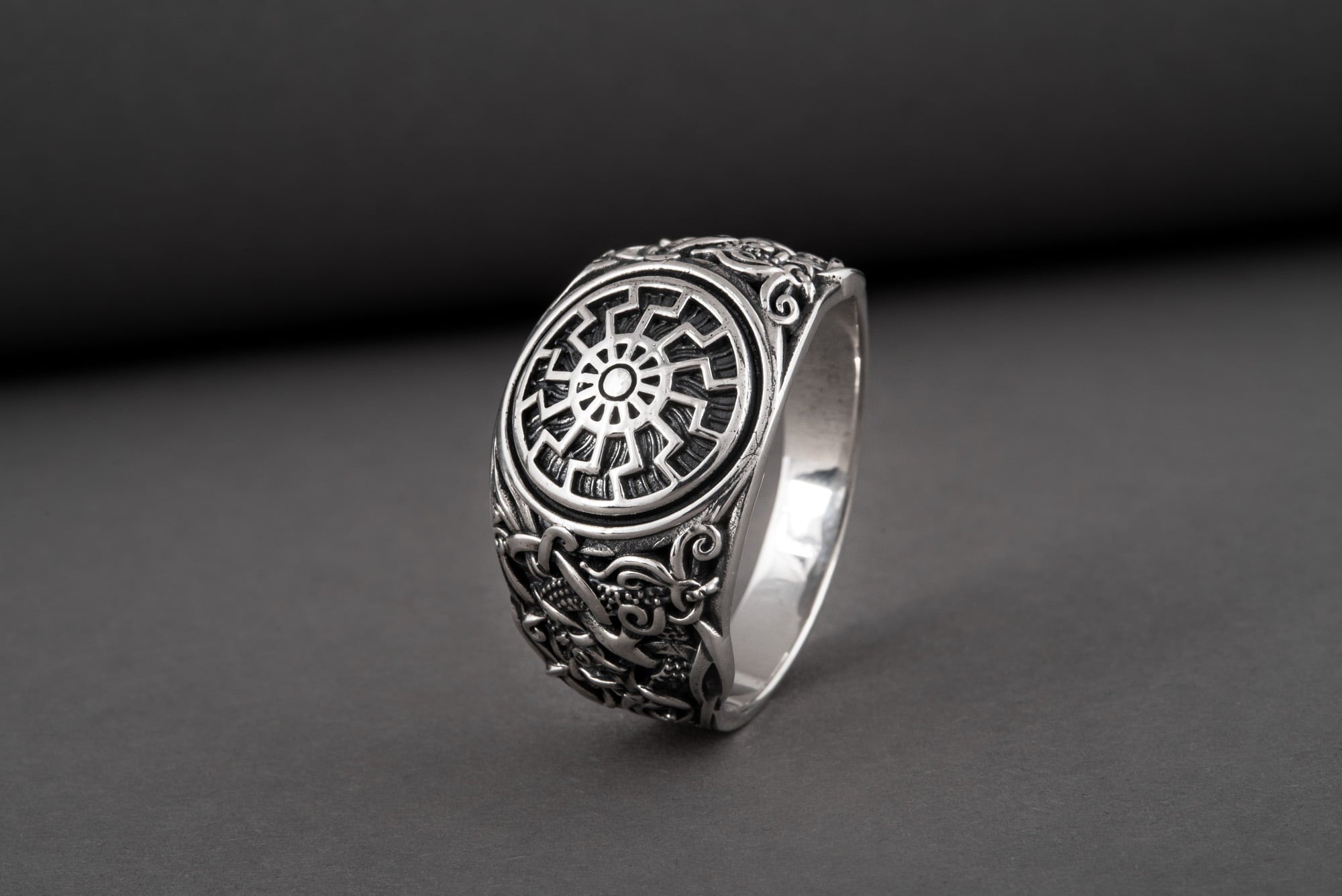 Black Sun Ring with Mammen Ornament Sterling Silver Viking Jewelry - vikingworkshop