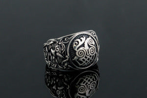 Sleipnir Ring with Mammen Ornament Sterling Silver Unique Jewelry - vikingworkshop