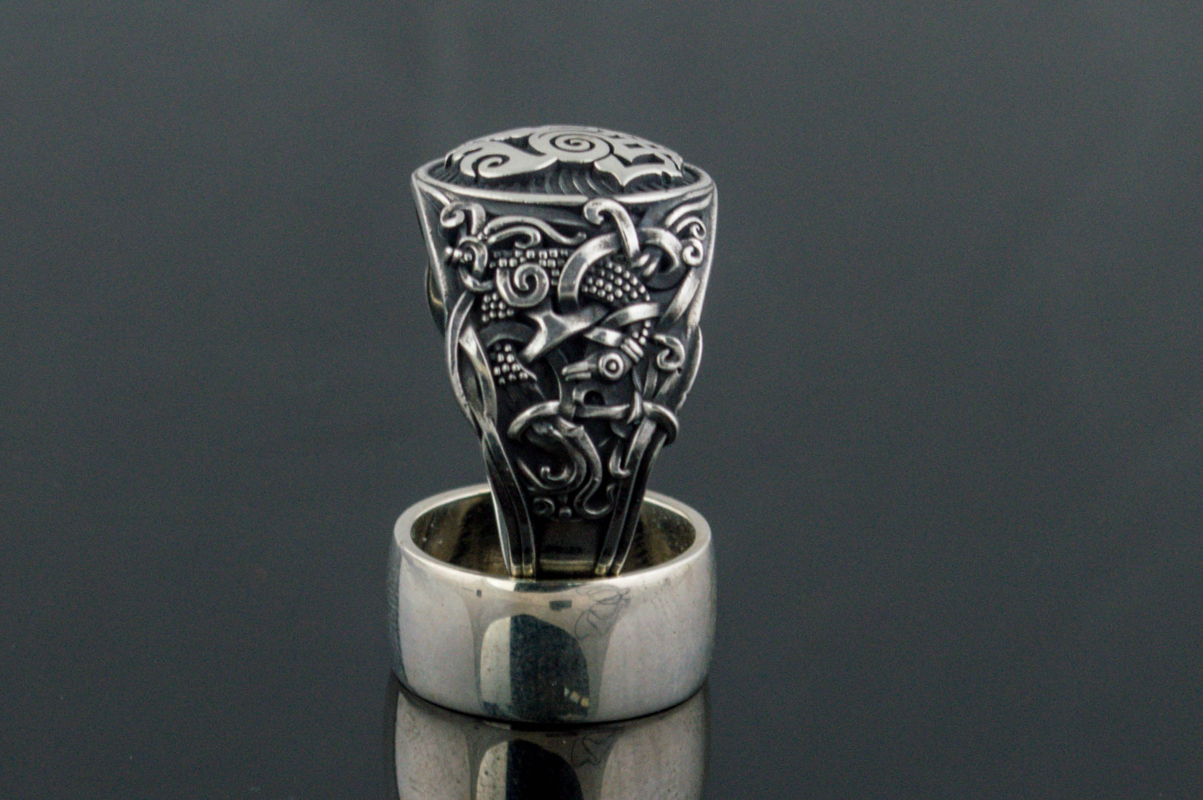 Sleipnir Ring with Mammen Ornament Sterling Silver Unique Jewelry - vikingworkshop