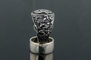 Sleipnir Ring with Mammen Ornament Sterling Silver Unique Jewelry - vikingworkshop