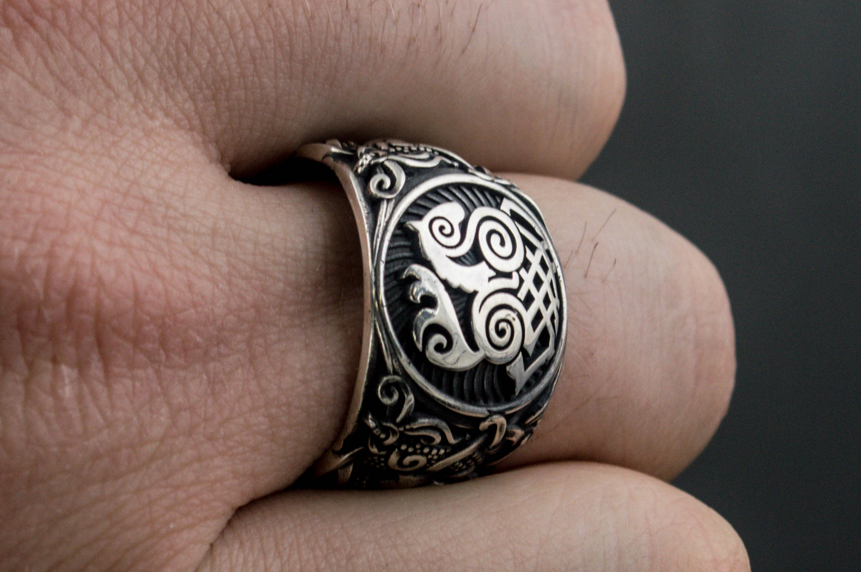 Sleipnir Ring with Mammen Ornament Sterling Silver Unique Jewelry - vikingworkshop