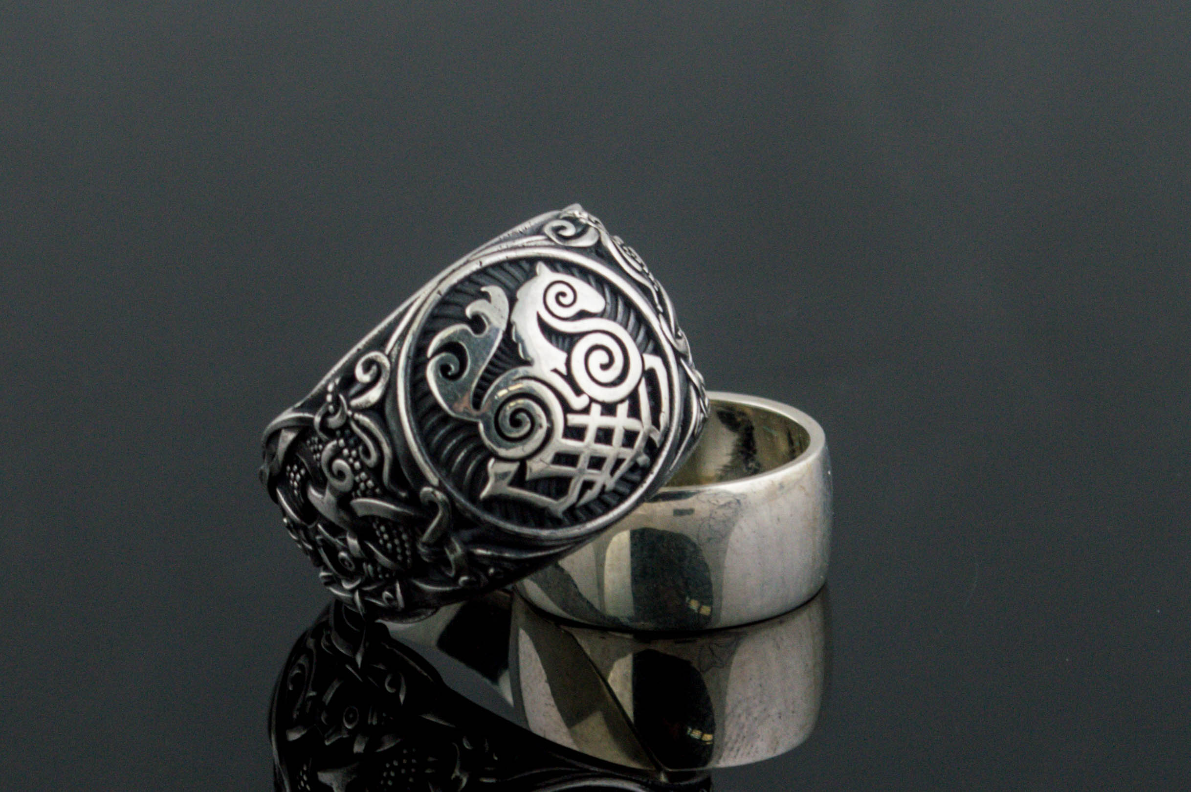 Sleipnir Ring with Mammen Ornament Sterling Silver Unique Jewelry - vikingworkshop