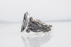 Raven Ring with Viking Ornament Sterling Silver Norse Jewelry - vikingworkshop
