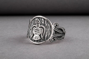 Raven Ring with Viking Ornament Sterling Silver Norse Jewelry - vikingworkshop
