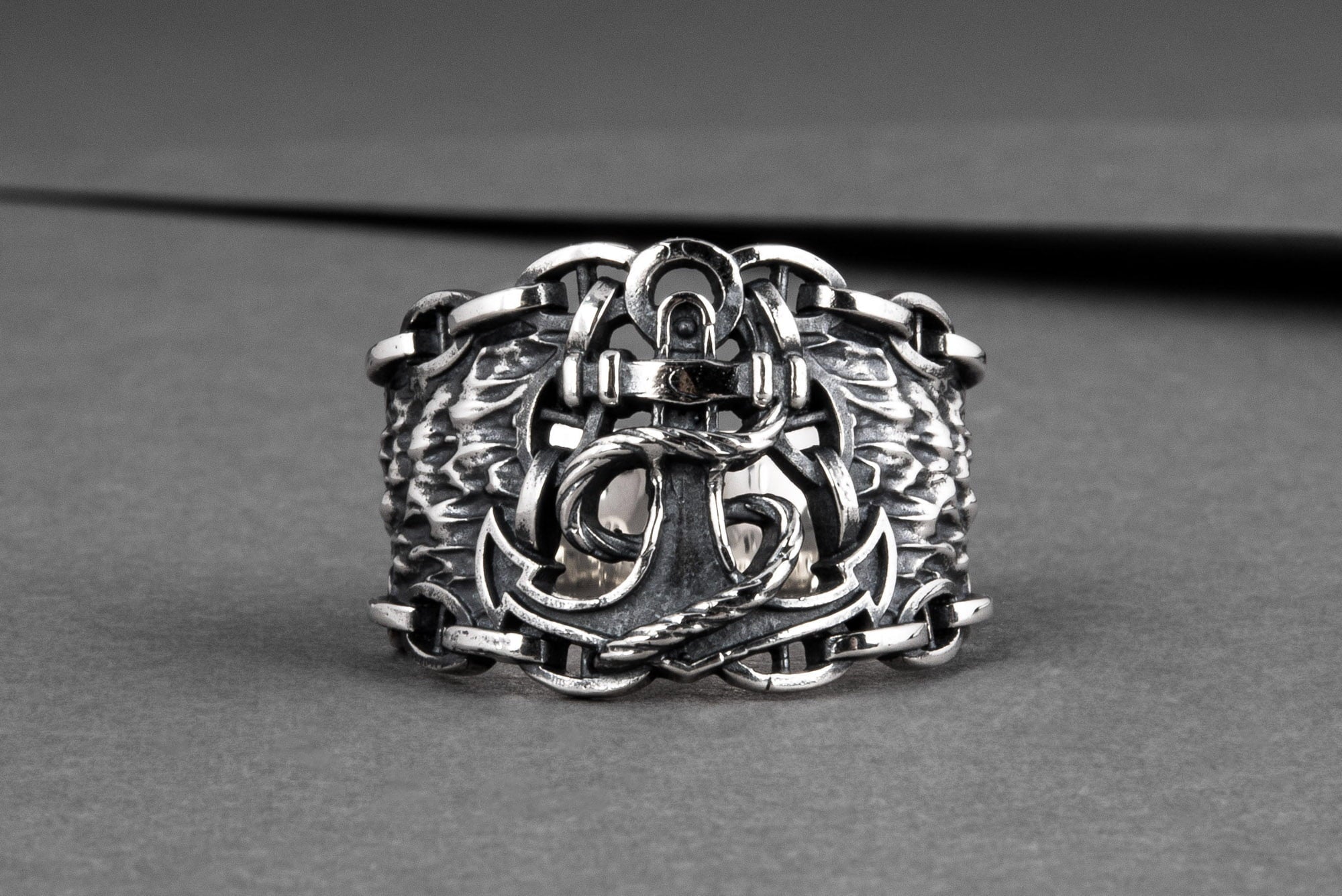 Anchor Symbol with Chain Sterling Silver Unique Ring - vikingworkshop