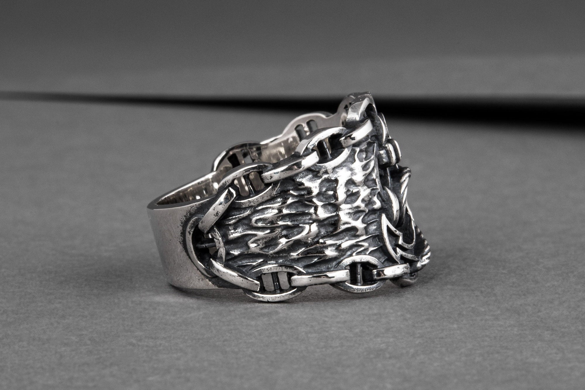 Anchor Symbol with Chain Sterling Silver Unique Ring - vikingworkshop