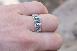 Ring with Norse Runes and Green Cubic Zirconia Sterling Silver Handmade Jewelry - vikingworkshop