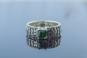 Ring with Norse Runes and Green Cubic Zirconia Sterling Silver Handmade Jewelry - vikingworkshop
