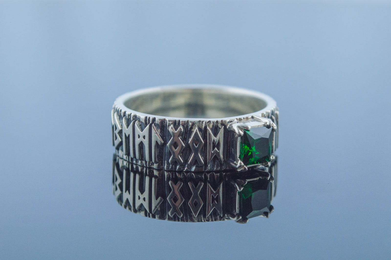 Ring with Norse Runes and Green Cubic Zirconia Sterling Silver Handmade Jewelry - vikingworkshop