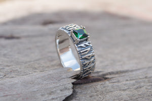 Ring with Norse Runes and Green Cubic Zirconia Sterling Silver Handmade Jewelry - vikingworkshop