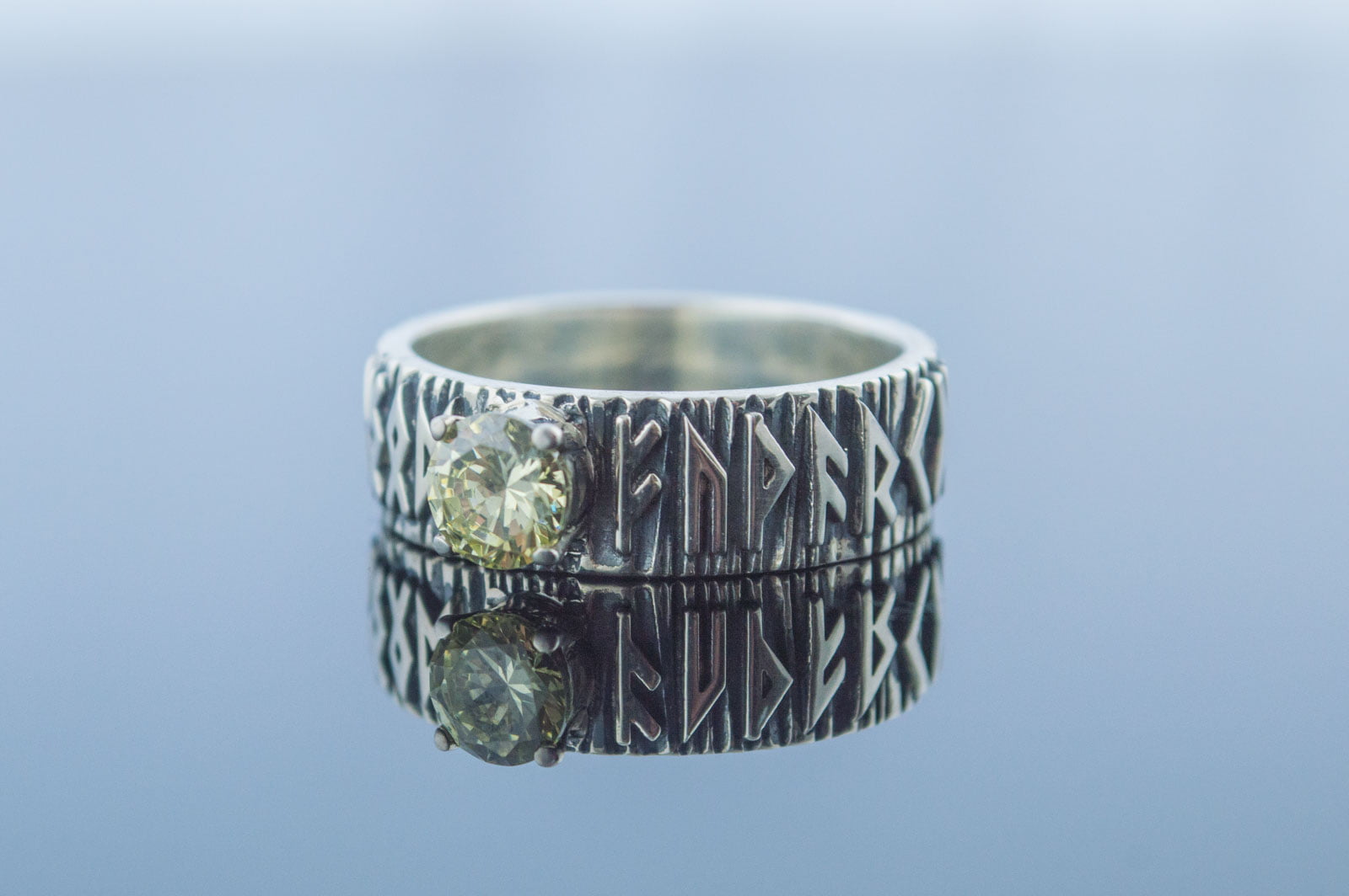 Ring with Norse Runes and Yellow Cubic Zirconia Sterling Silver Handmade Jewelry - vikingworkshop