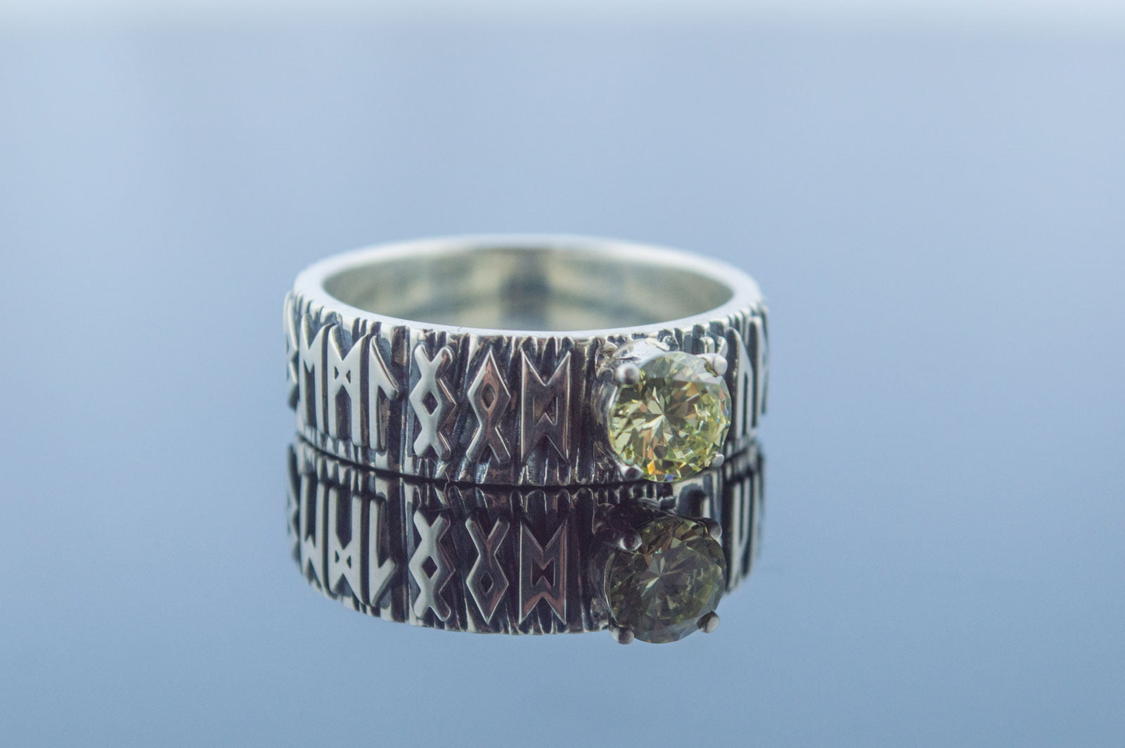 Ring with Norse Runes and Yellow Cubic Zirconia Sterling Silver Handmade Jewelry - vikingworkshop