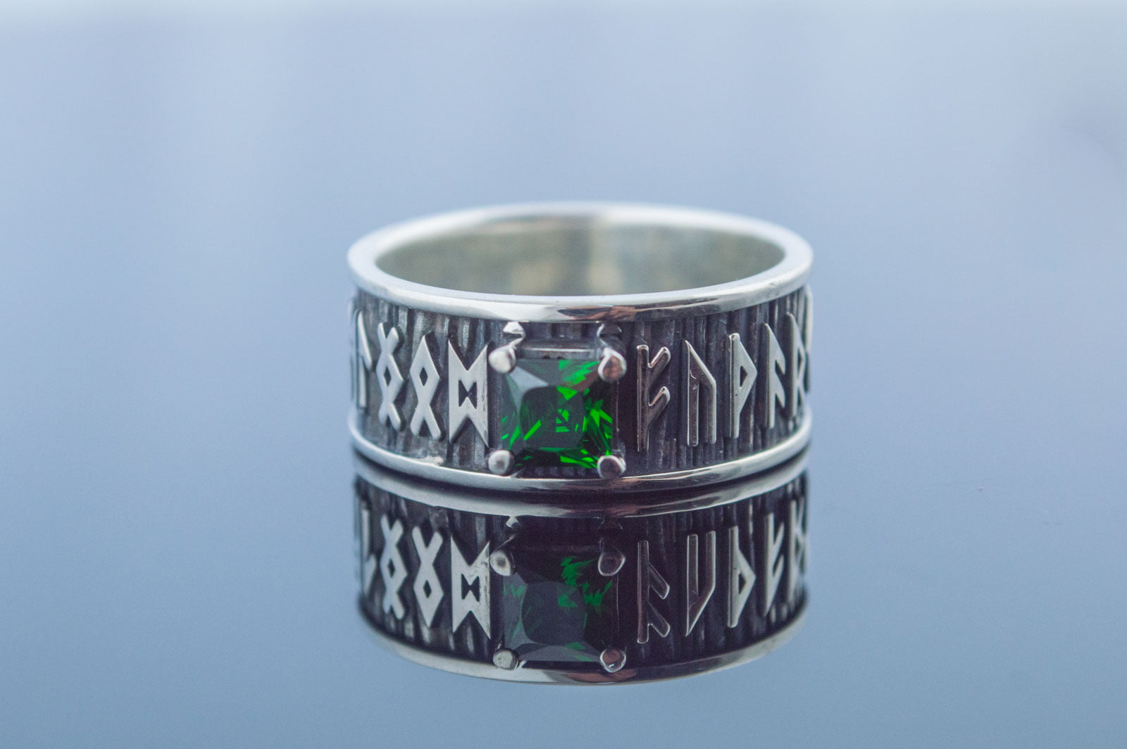 Ring with Runes Ornament and Green Cubic Zirconia Sterling Silver Handmade Jewelry - vikingworkshop