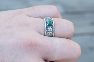 Ring with Runes Ornament and Green Cubic Zirconia Sterling Silver Handmade Jewelry - vikingworkshop