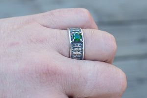 Ring with Runes Ornament and Green Cubic Zirconia Sterling Silver Handmade Jewelry - vikingworkshop