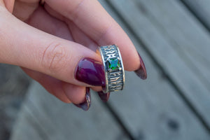 Ring with Runes Ornament and Green Cubic Zirconia Sterling Silver Handmade Jewelry - vikingworkshop