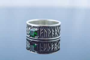 Ring with Runes Ornament and Green Cubic Zirconia Sterling Silver Handmade Jewelry - vikingworkshop