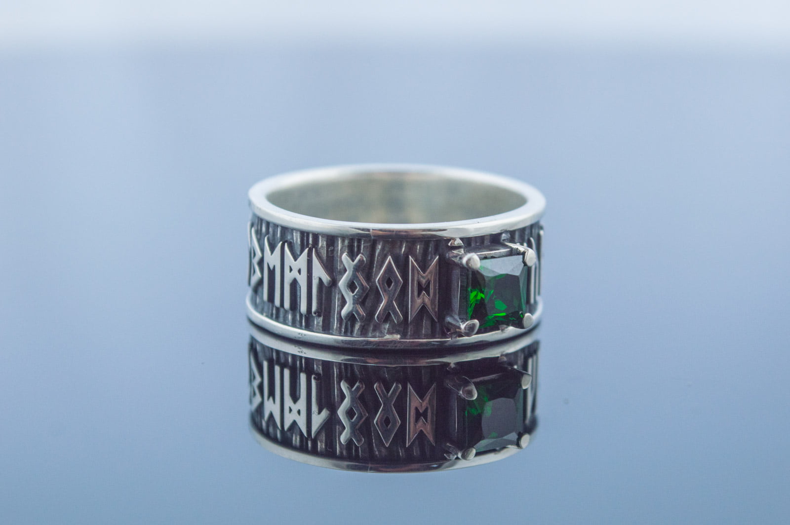 Ring with Runes Ornament and Green Cubic Zirconia Sterling Silver Handmade Jewelry - vikingworkshop