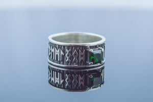 Ring with Runes Ornament and Green Cubic Zirconia Sterling Silver Handmade Jewelry - vikingworkshop