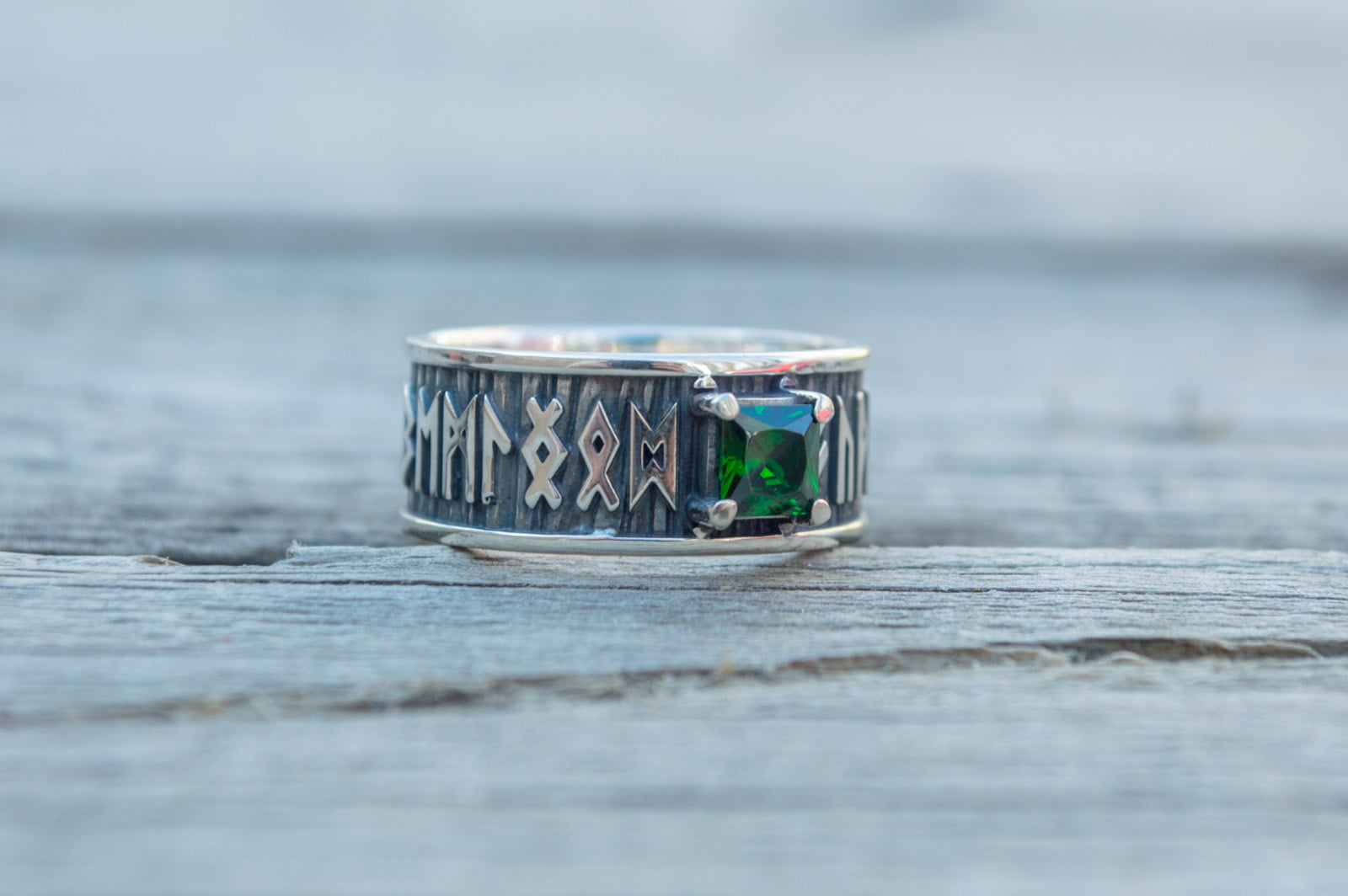 Ring with Runes Ornament and Green Cubic Zirconia Sterling Silver Handmade Jewelry - vikingworkshop