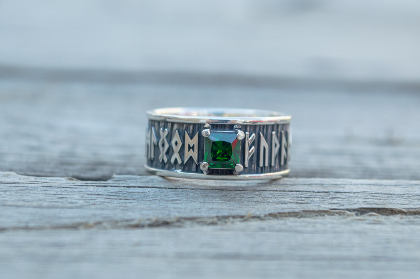 Ring with Runes Ornament and Green Cubic Zirconia Sterling Silver Handmade Jewelry - vikingworkshop