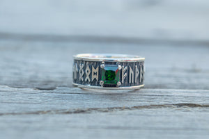 Ring with Runes Ornament and Green Cubic Zirconia Sterling Silver Handmade Jewelry - vikingworkshop