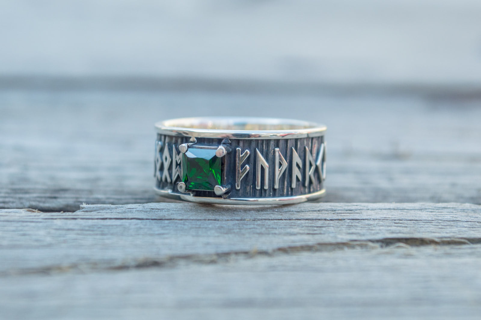 Ring with Runes Ornament and Green Cubic Zirconia Sterling Silver Handmade Jewelry - vikingworkshop