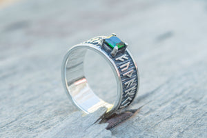 Ring with Runes Ornament and Green Cubic Zirconia Sterling Silver Handmade Jewelry - vikingworkshop