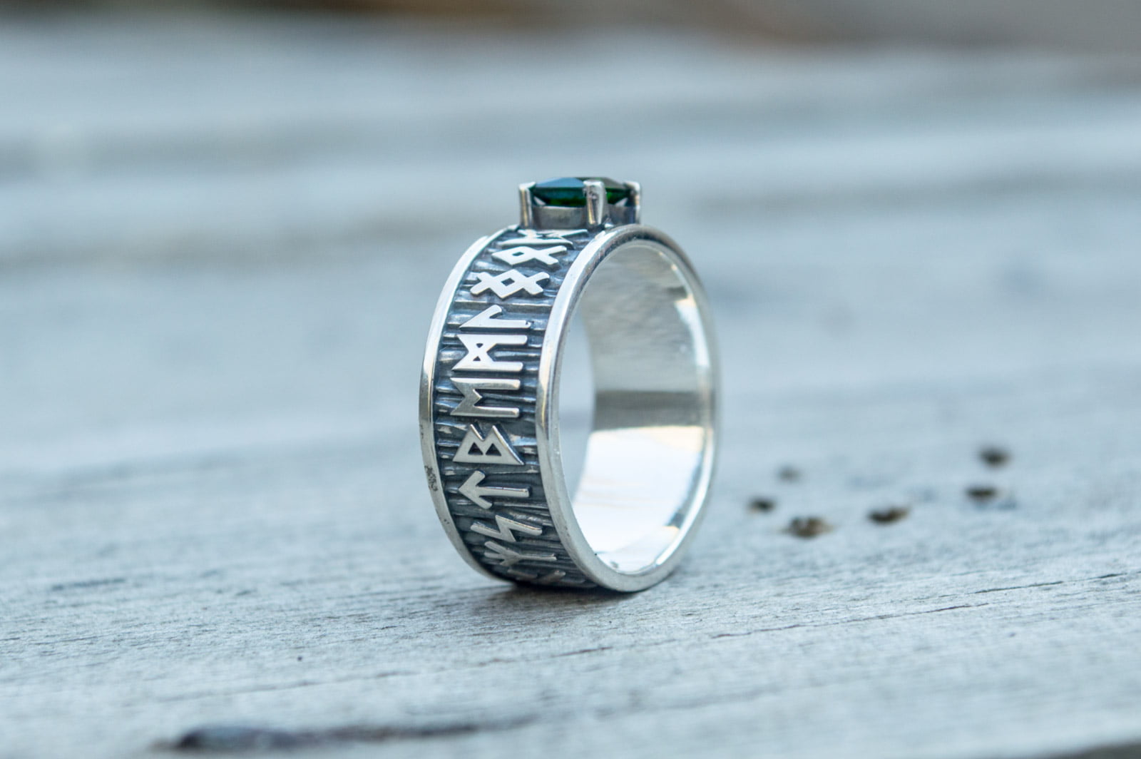 Ring with Runes Ornament and Green Cubic Zirconia Sterling Silver Handmade Jewelry - vikingworkshop