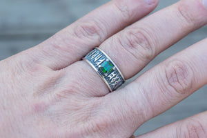 Ring with Runes Ornament and Green Cubic Zirconia Sterling Silver Handmade Jewelry - vikingworkshop