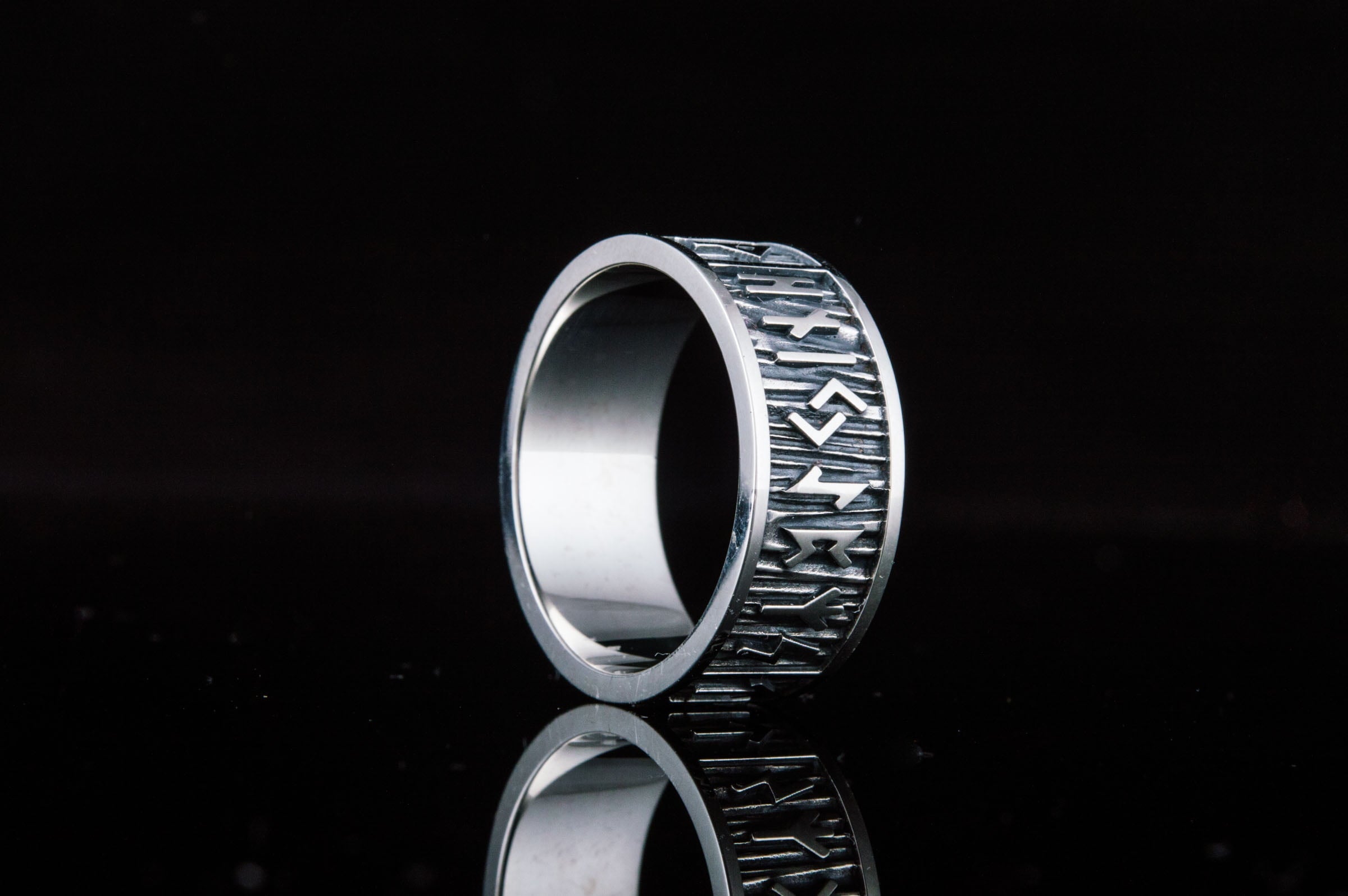 Elder Futhark Runes Ring with Wide Rim Sterling Silver Viking Jewelry - vikingworkshop