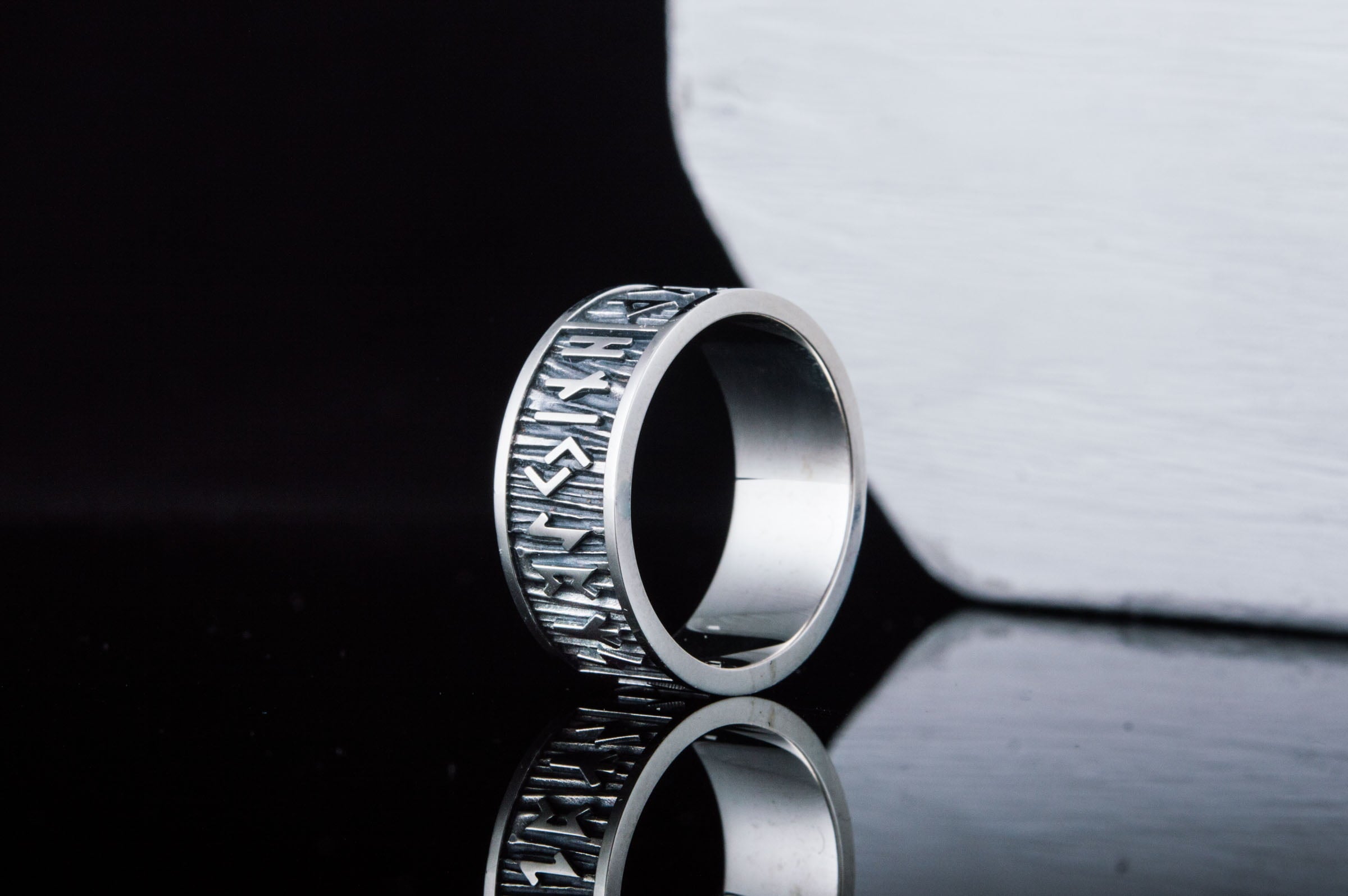 Elder Futhark Runes Ring with Wide Rim Sterling Silver Viking Jewelry - vikingworkshop