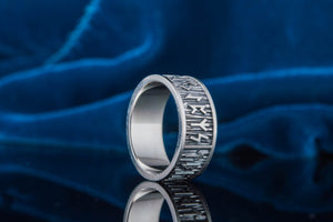 Elder Futhark Runes Ring with Wide Rim Sterling Silver Viking Jewelry - vikingworkshop