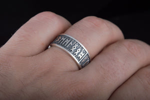 Elder Futhark Runes Ring with Wide Rim Sterling Silver Viking Jewelry - vikingworkshop