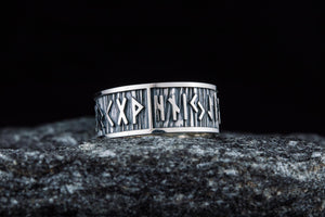 Elder Futhark Runes Ring with Wide Rim Sterling Silver Viking Jewelry - vikingworkshop
