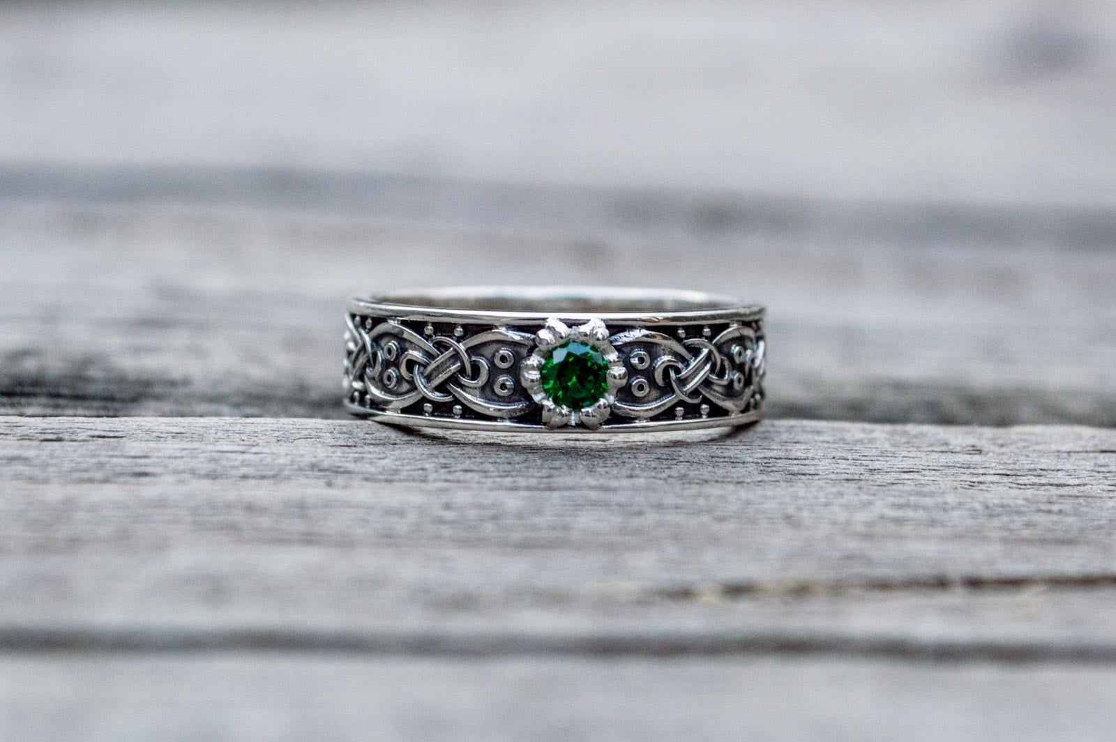 Viking Ring with Scandinavian Ornament and Cubic Zirconia Sterling Silver Unique Jewelry - vikingworkshop