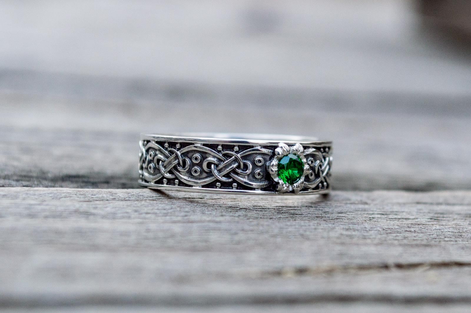 Viking Ring with Scandinavian Ornament and Cubic Zirconia Sterling Silver Unique Jewelry - vikingworkshop