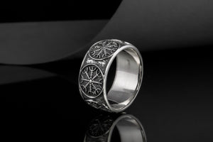 925 Silver Viking ring with Helm of Awe and rough texture, handmade jewelry - vikingworkshop