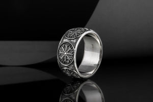 925 Silver Viking ring with Helm of Awe and rough texture, handmade jewelry - vikingworkshop