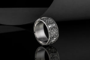 925 Silver Viking ring with Helm of Awe and rough texture, handmade jewelry - vikingworkshop