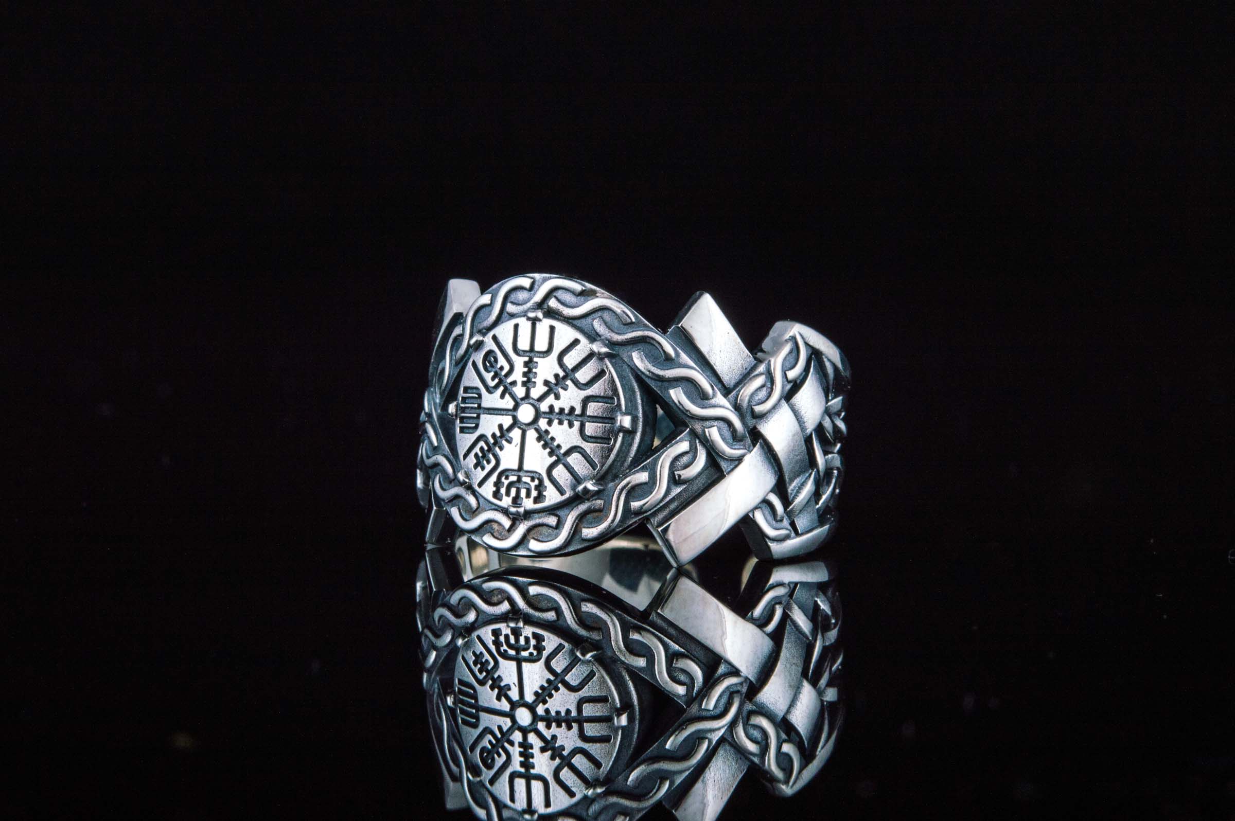 Vegvisir Symbol with Norse Ornament Ring Norse Jewelry - vikingworkshop