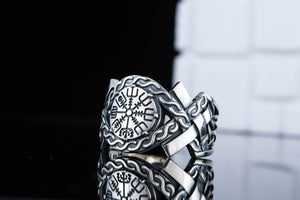 Vegvisir Symbol with Norse Ornament Ring Norse Jewelry - vikingworkshop