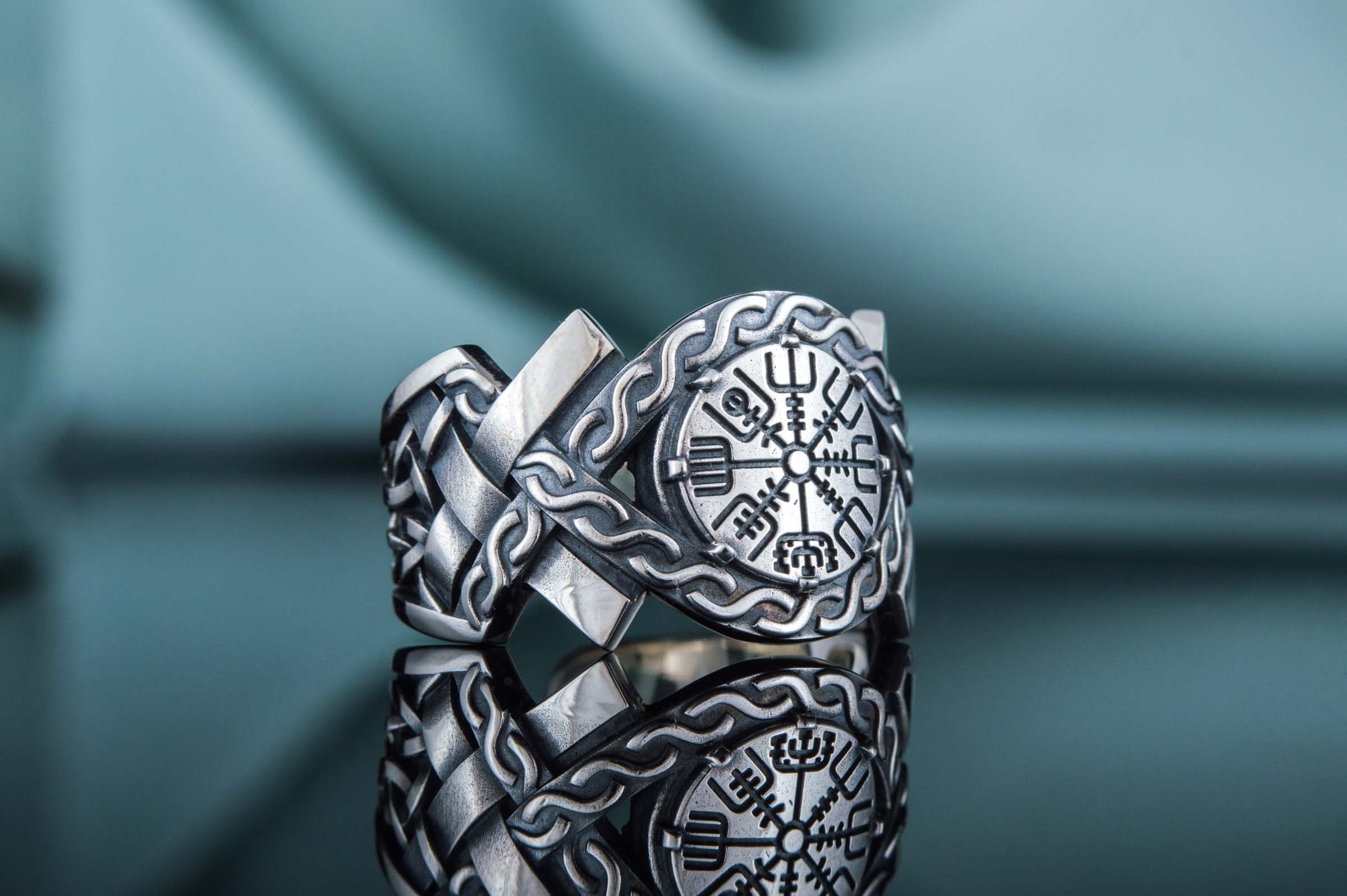 Vegvisir Symbol with Norse Ornament Ring Norse Jewelry - vikingworkshop