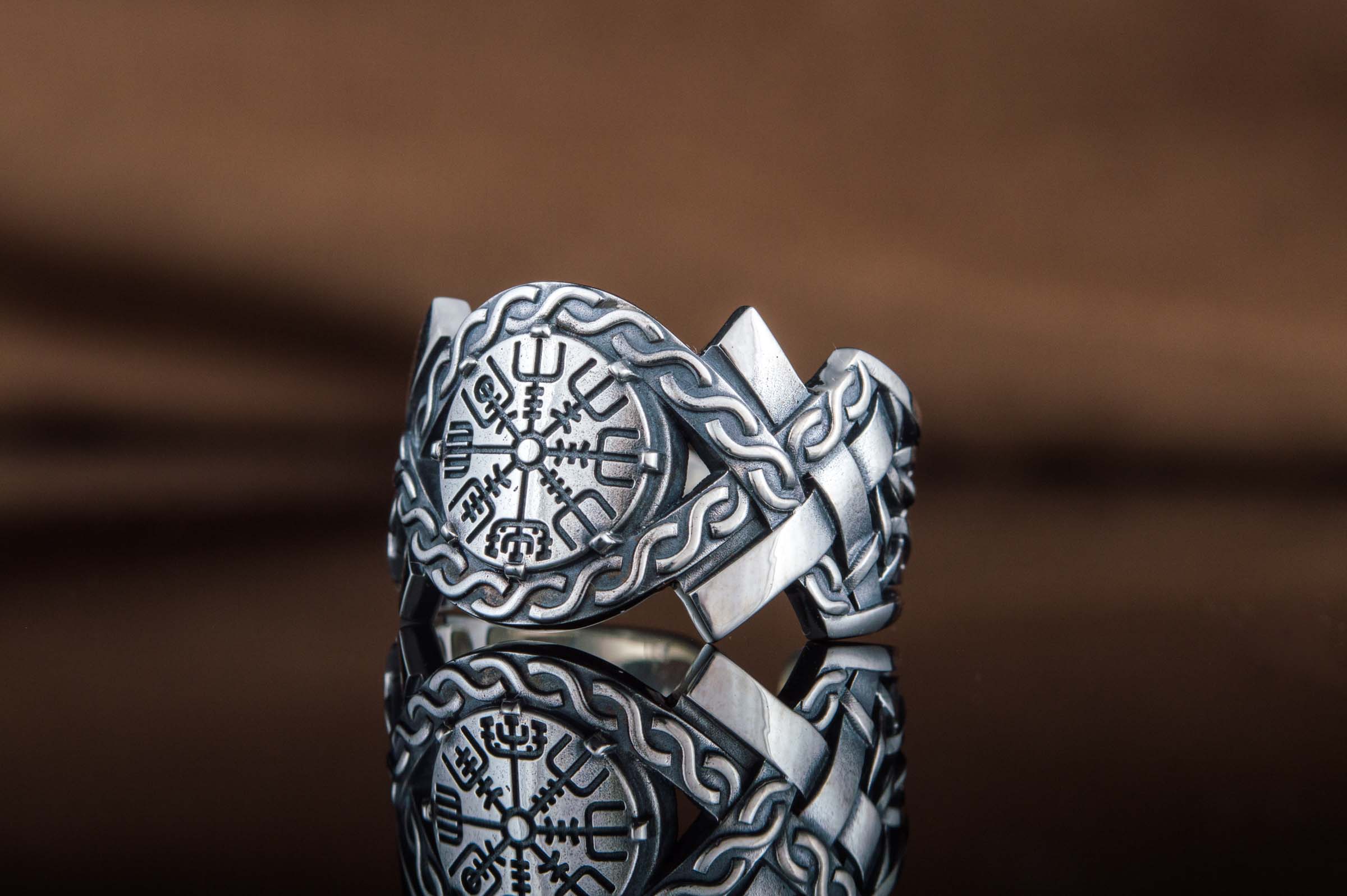 Vegvisir Symbol with Norse Ornament Ring Norse Jewelry - vikingworkshop